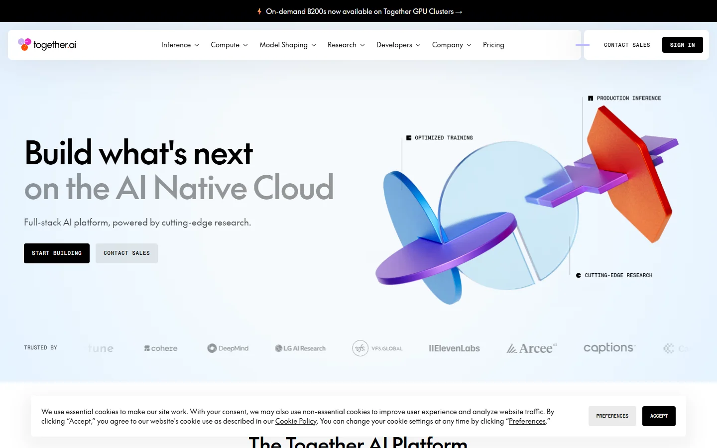 Screenshot of the Together AI homepage showing its combined model inference platform