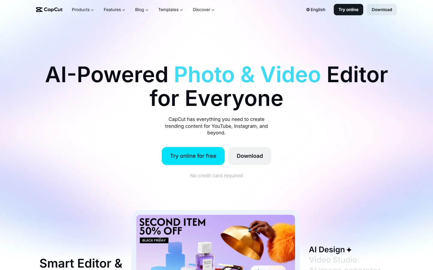 CapCut homepage featuring video editing and AI tools