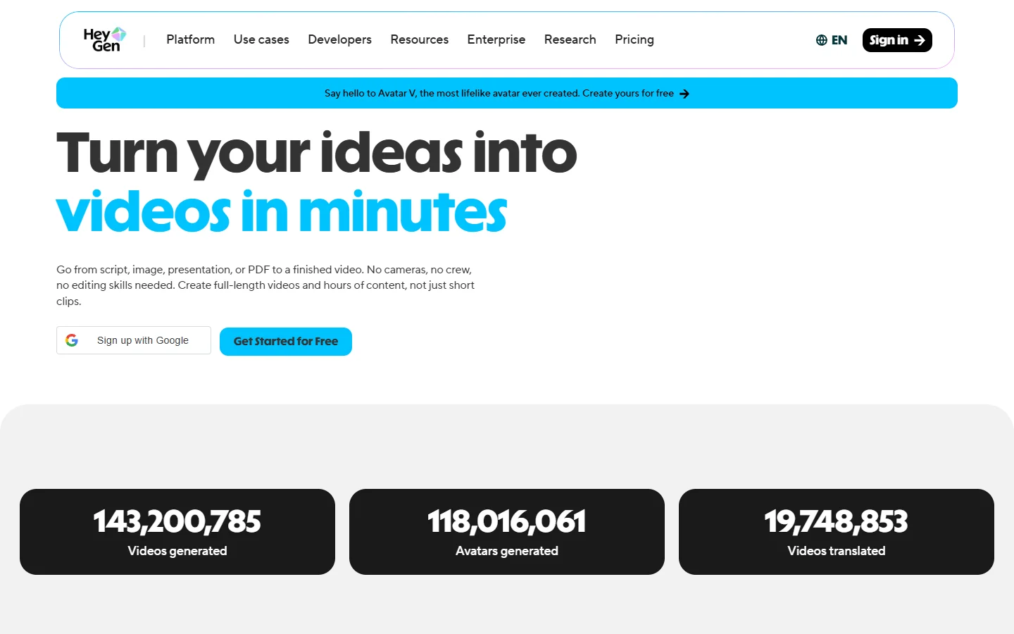 HeyGen homepage showing AI avatar video creation