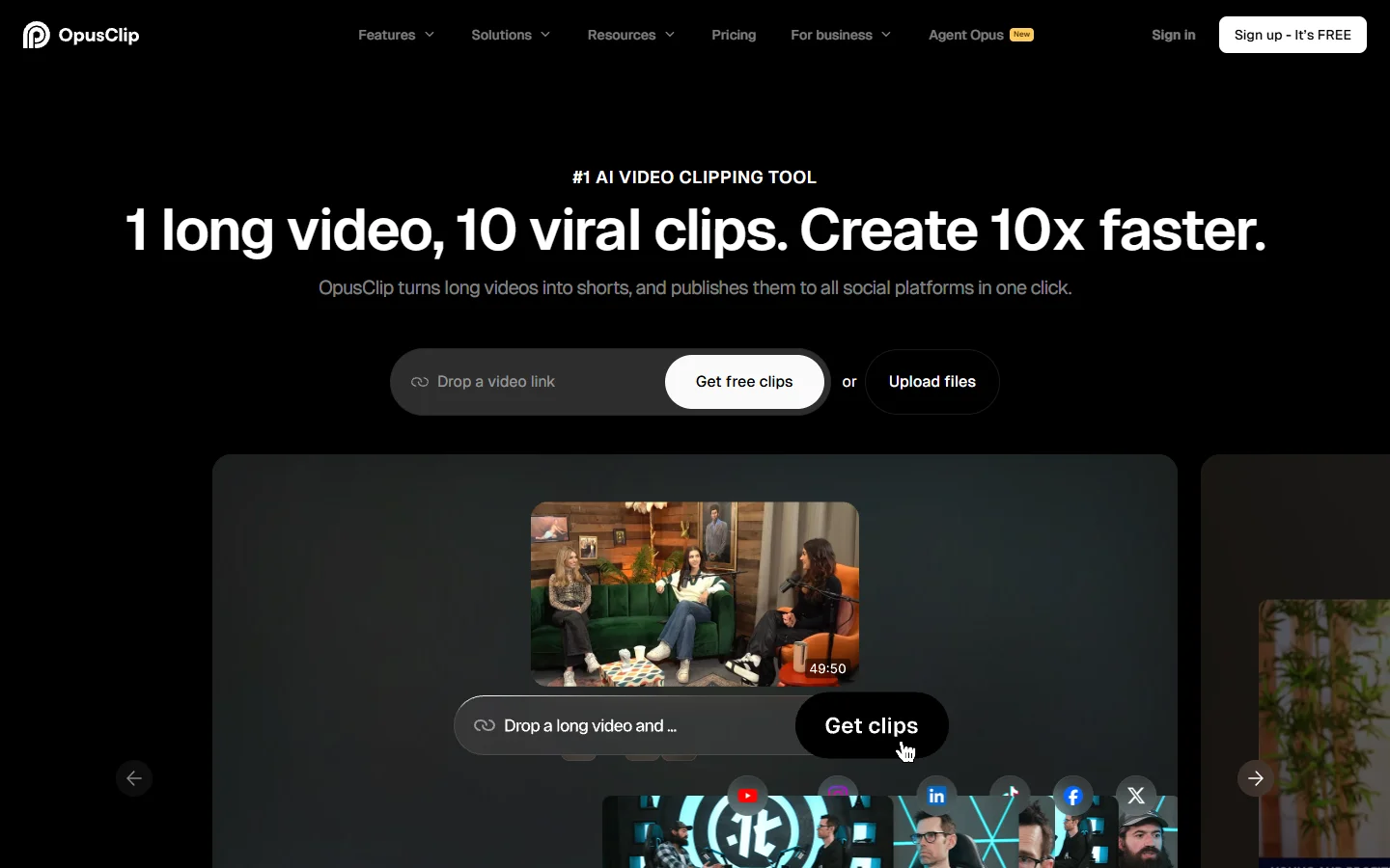 Opus Clip homepage with AI video repurposing tools