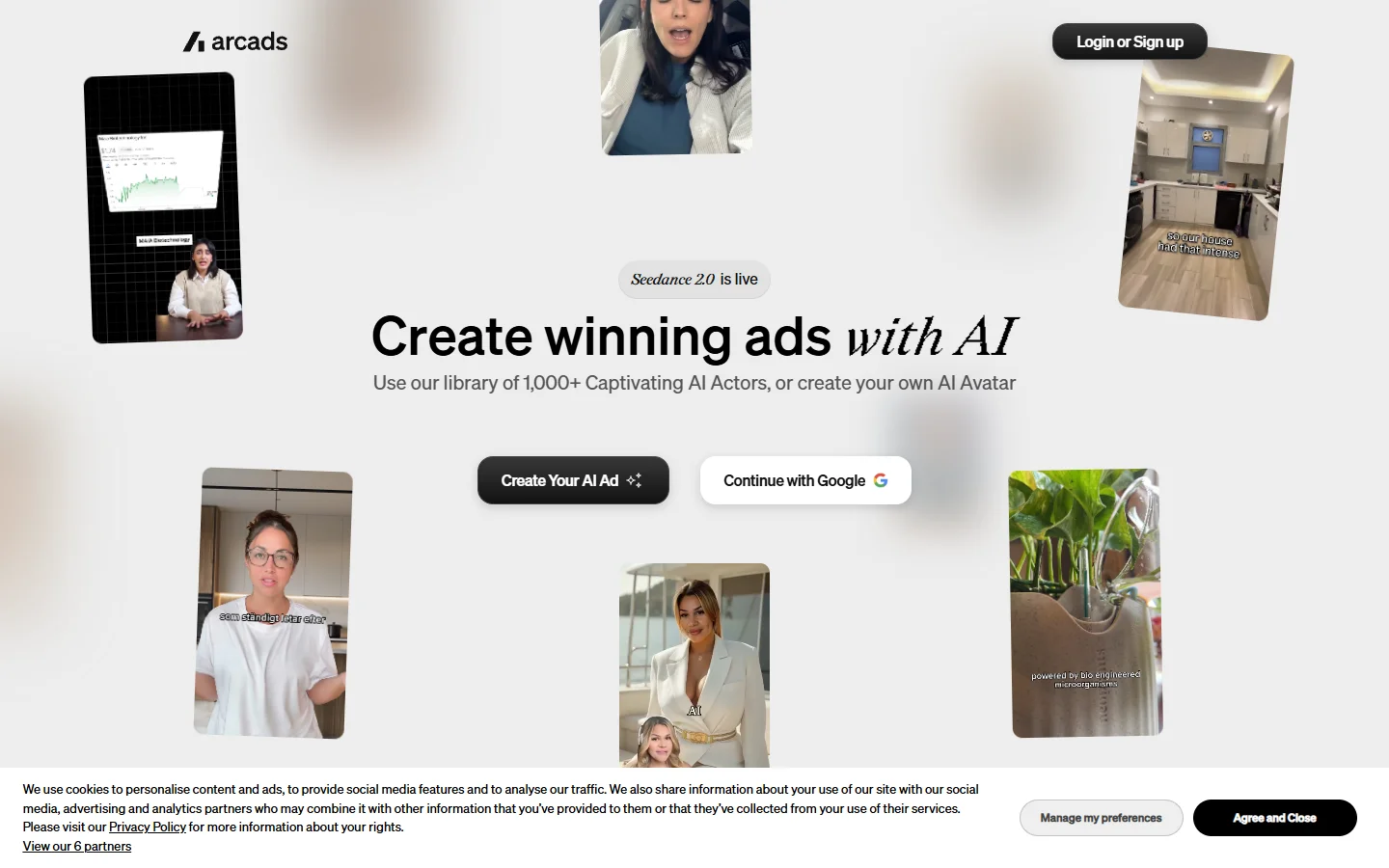 Arcads homepage showing its AI actor library for UGC video ads