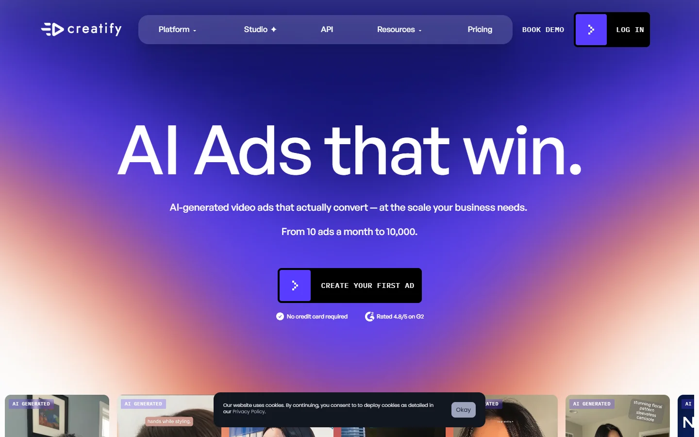Creatify homepage showing the product URL to video ad workflow