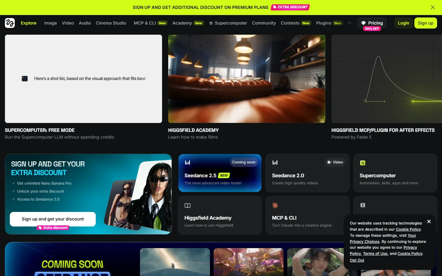 Higgsfield homepage showing its camera motion presets for AI video