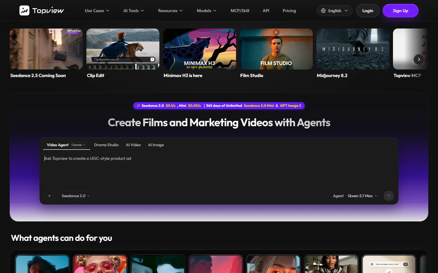 Topview AI homepage showing product video generation from photos