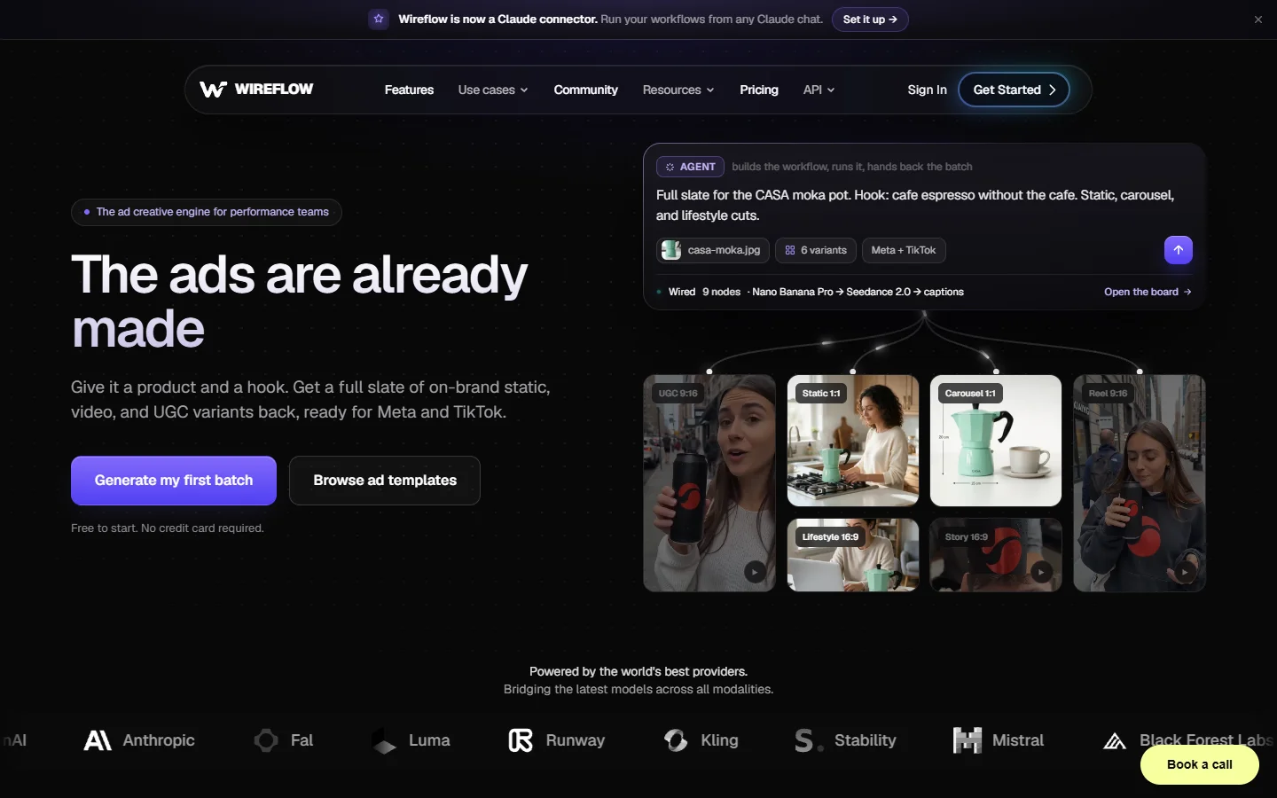 Wireflow AI homepage showing its node-based workflow canvas