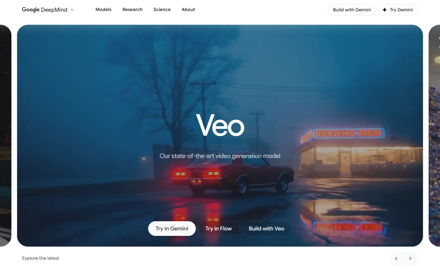 Google Veo homepage showing AI video generation capabilities
