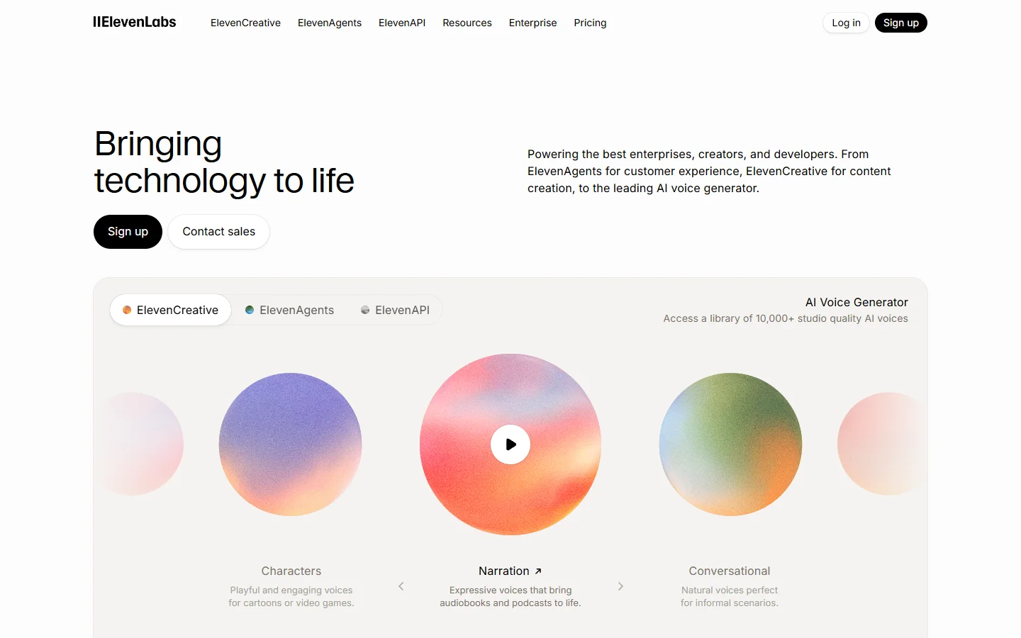 ElevenLabs homepage showing AI voice generation and voice cloning platform