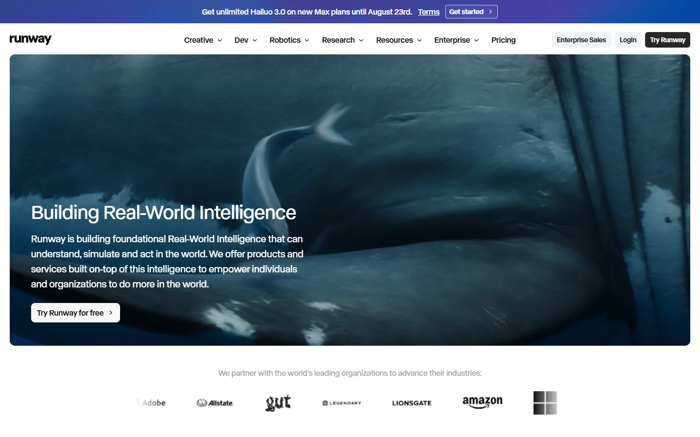 Runway homepage screenshot