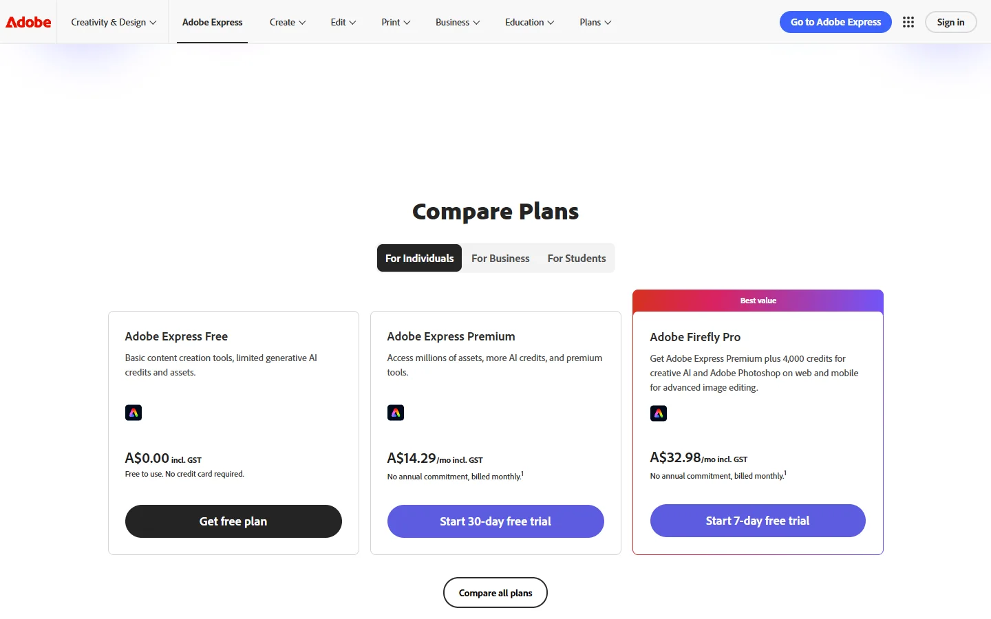 Adobe Express homepage showing AI design features