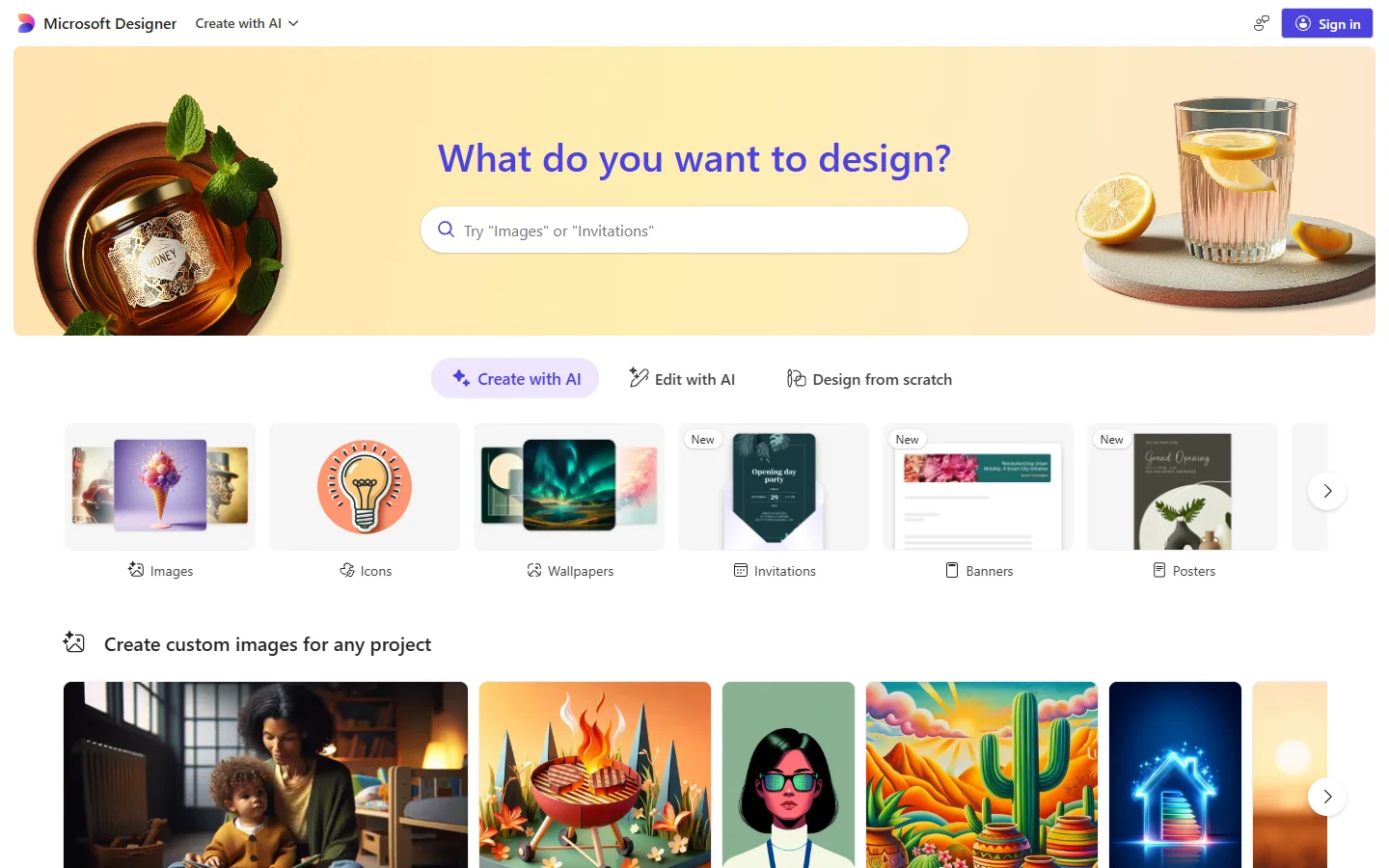 Microsoft Designer homepage with AI design generation