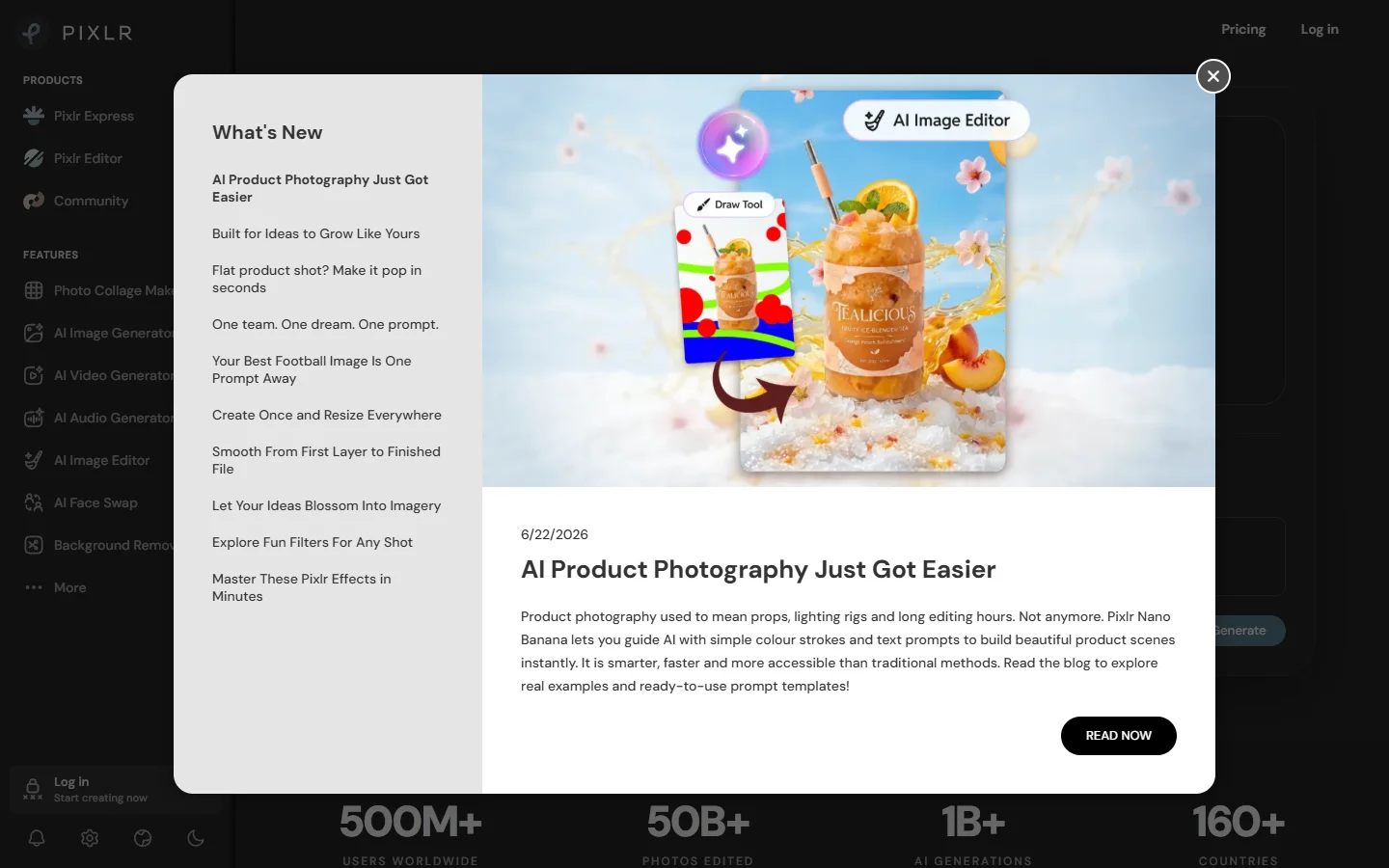 Pixlr homepage showing AI photo editing tools