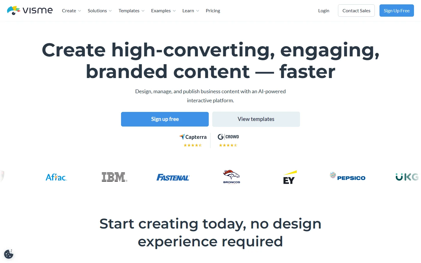 Visme homepage showing data visualization and design tools