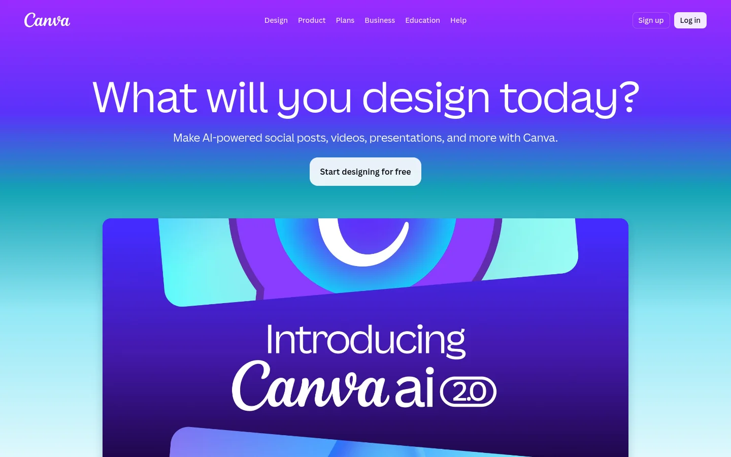 Canva homepage introducing Canva AI design tools