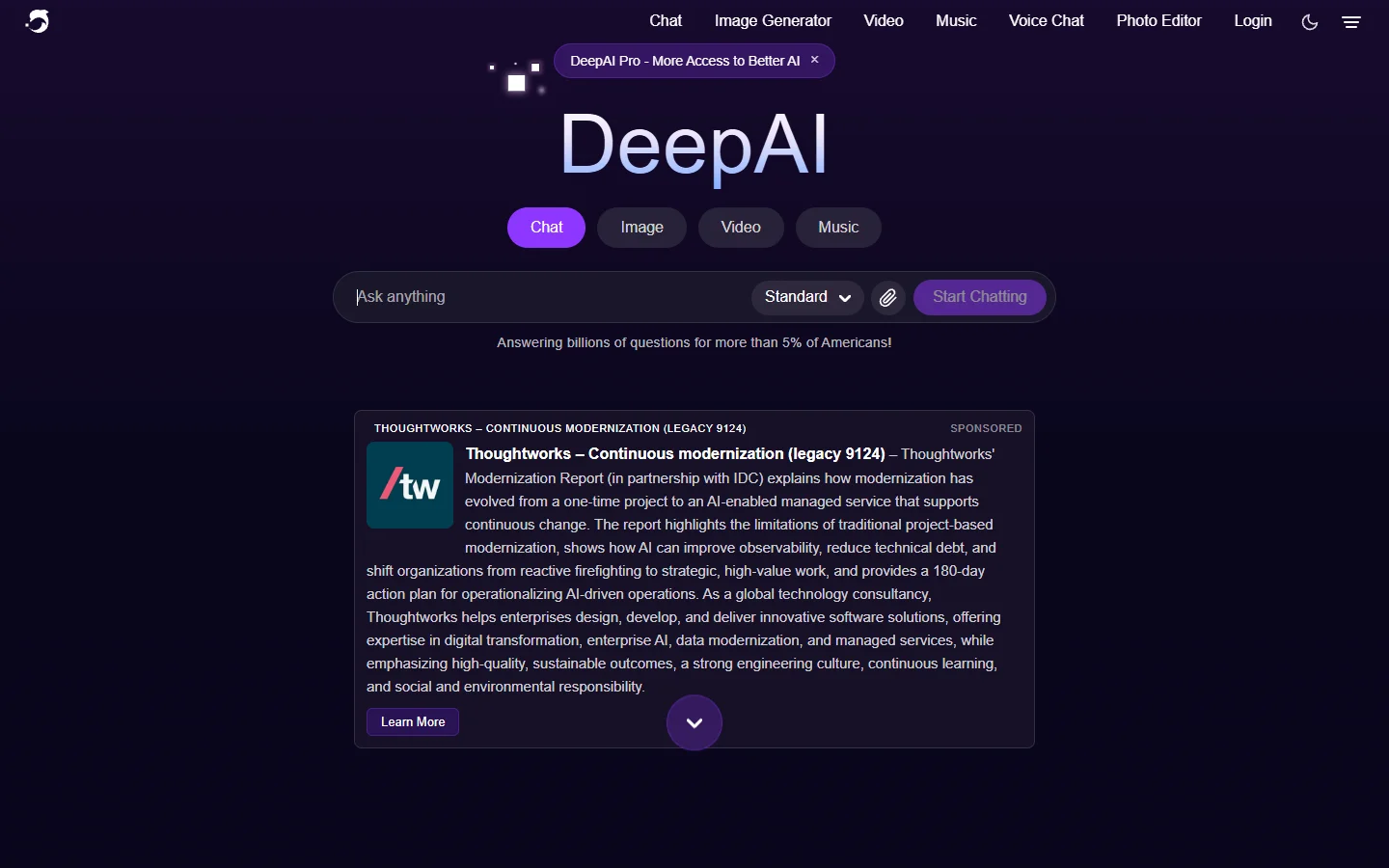 DeepAI homepage with chat, image, video, and music generation tabs