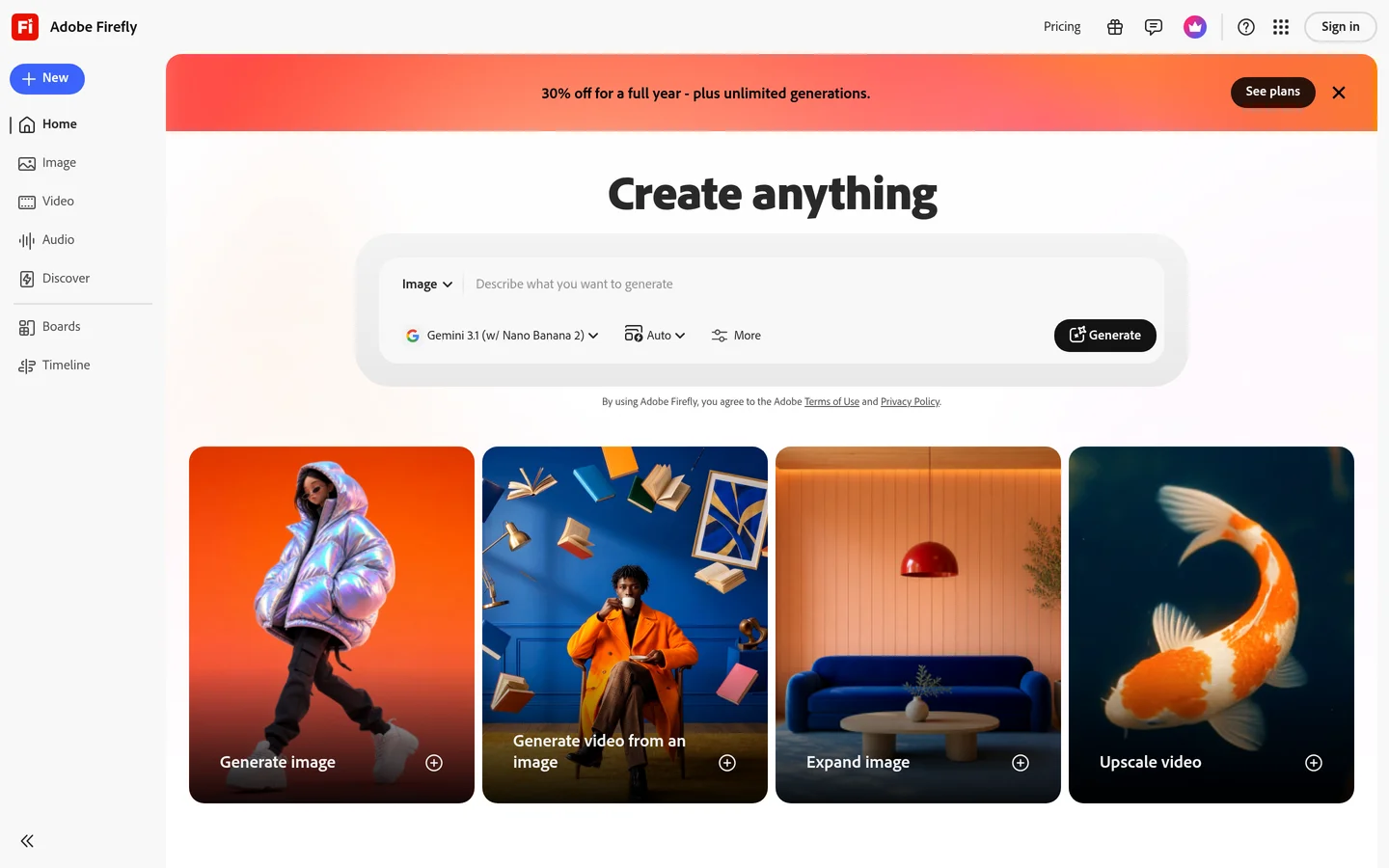 Adobe Firefly create-anything interface with image and video generation cards