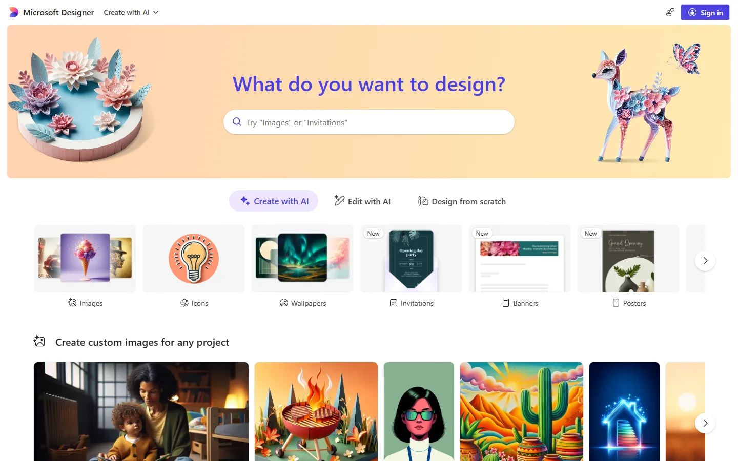 Microsoft Designer homepage with AI image creation templates and prompt bar