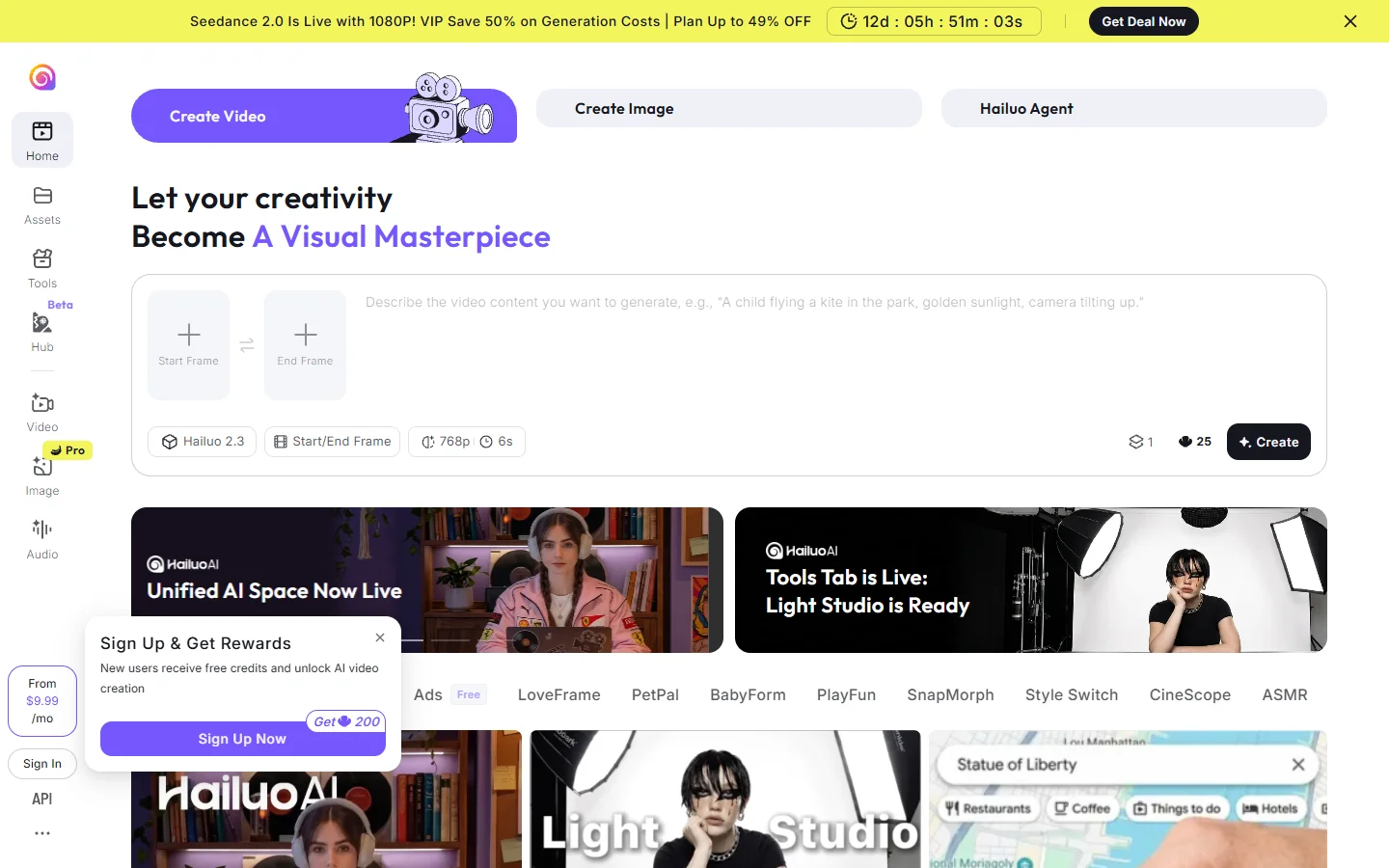 HaiLuo AI homepage featuring photorealistic video generation examples
