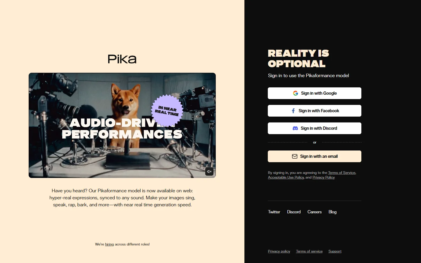 Pika homepage showing its streamlined video creation interface