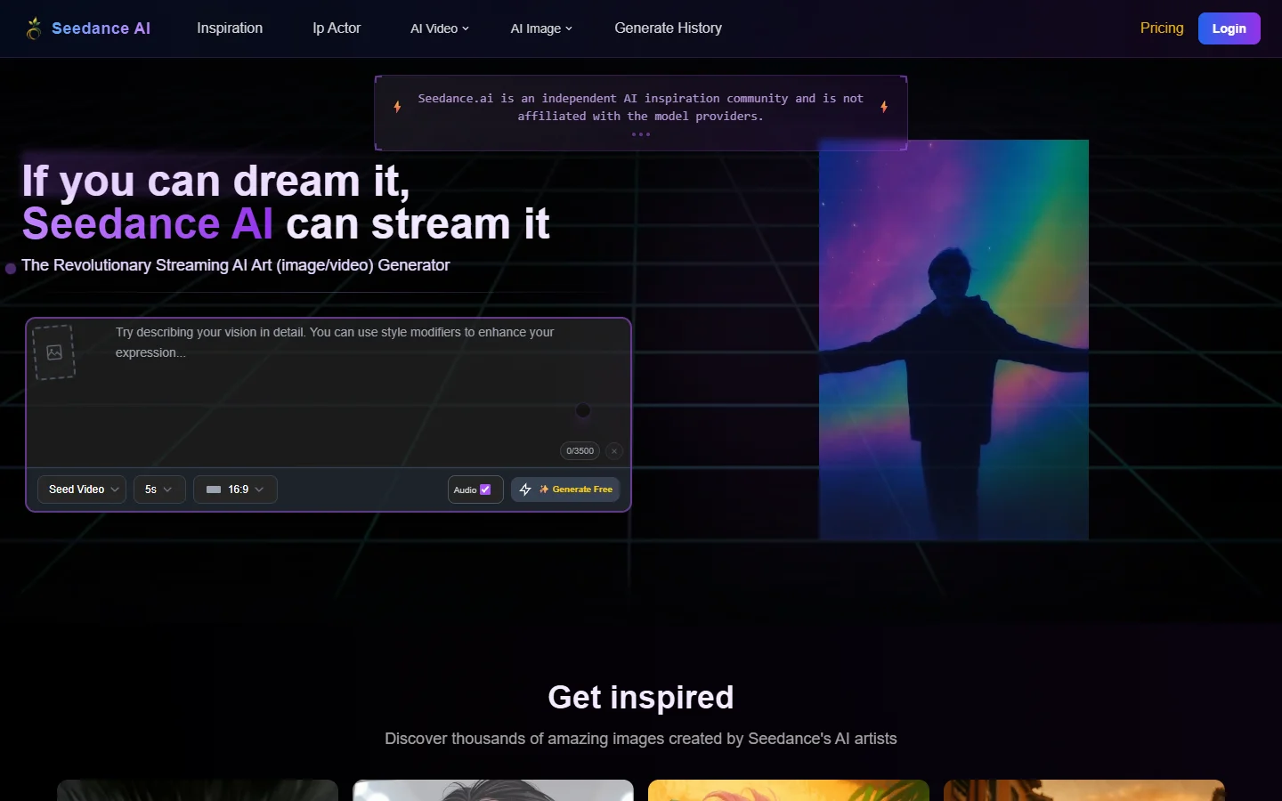 Seedance homepage with its text-to-video generation tools