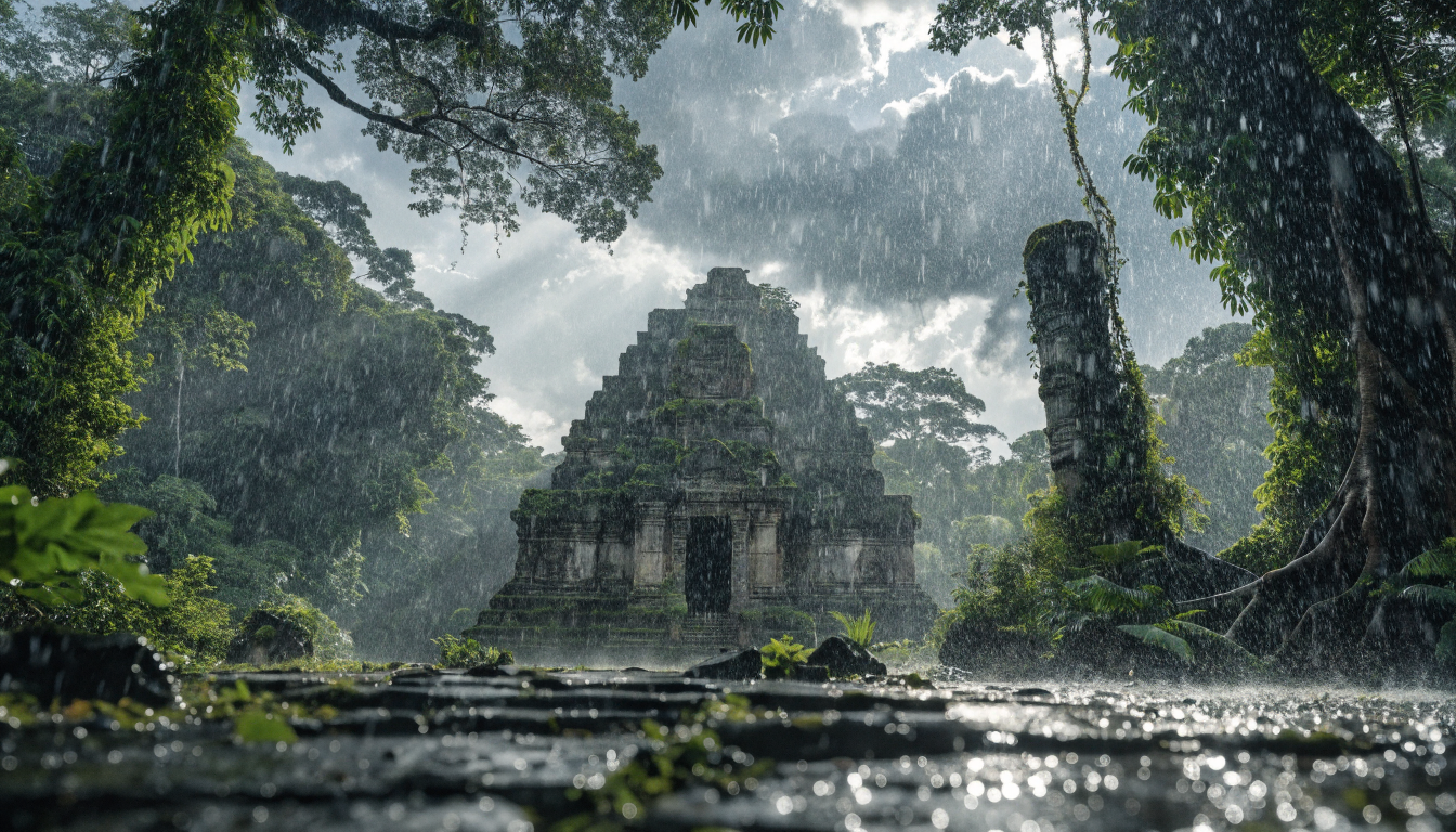 Dramatic cinematic AI-generated landscape scene with volumetric lighting