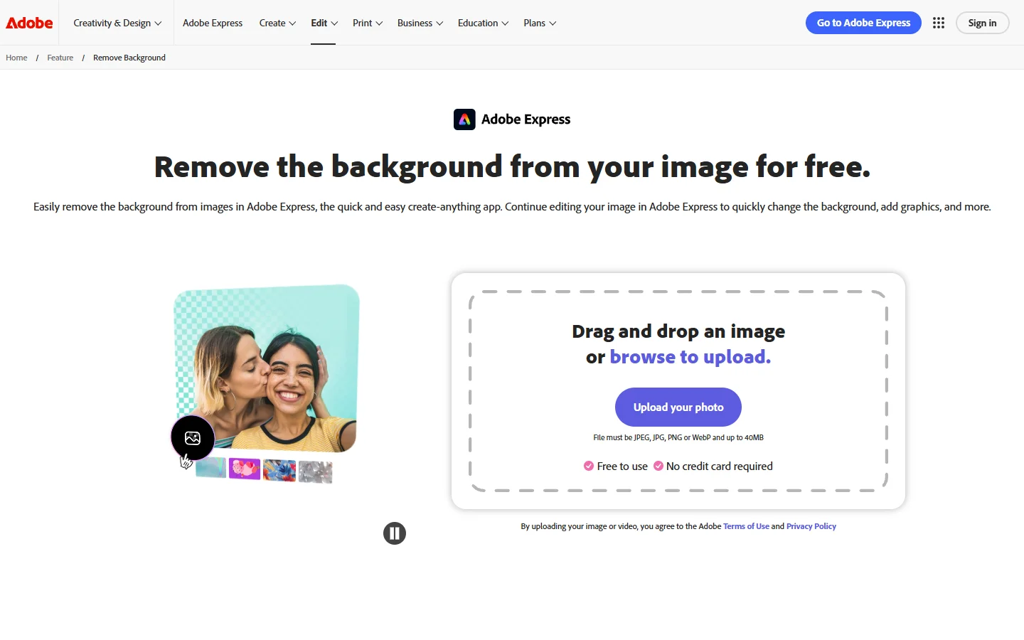 Adobe Express background remover interface
