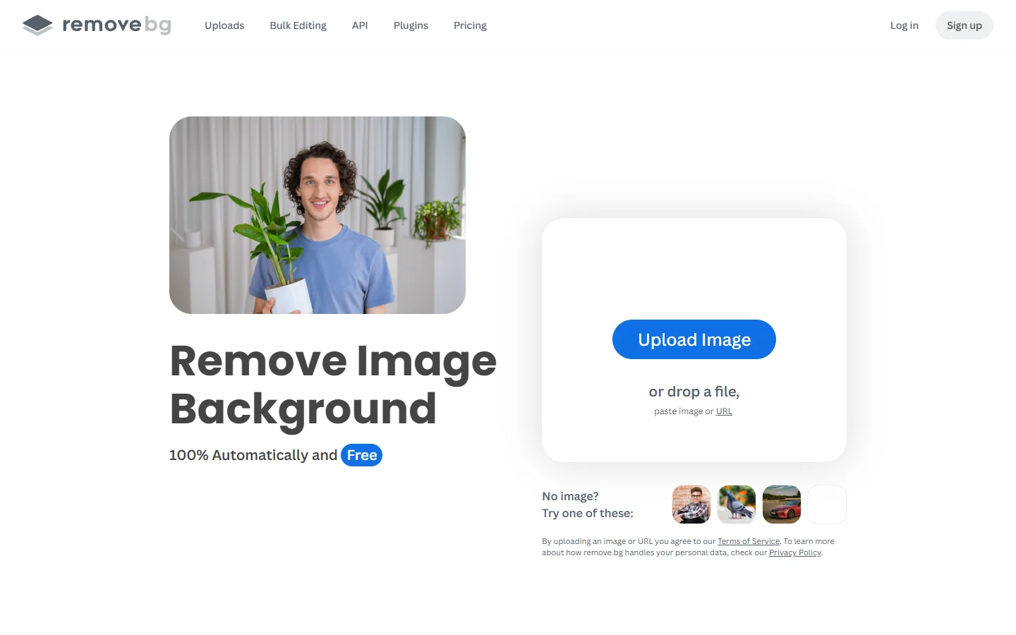 Remove.bg homepage showing AI background removal tool