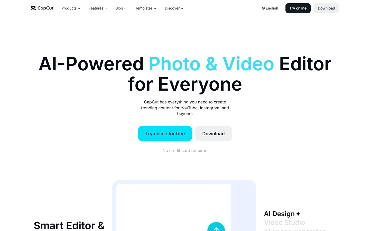 CapCut homepage showing its free online video editor