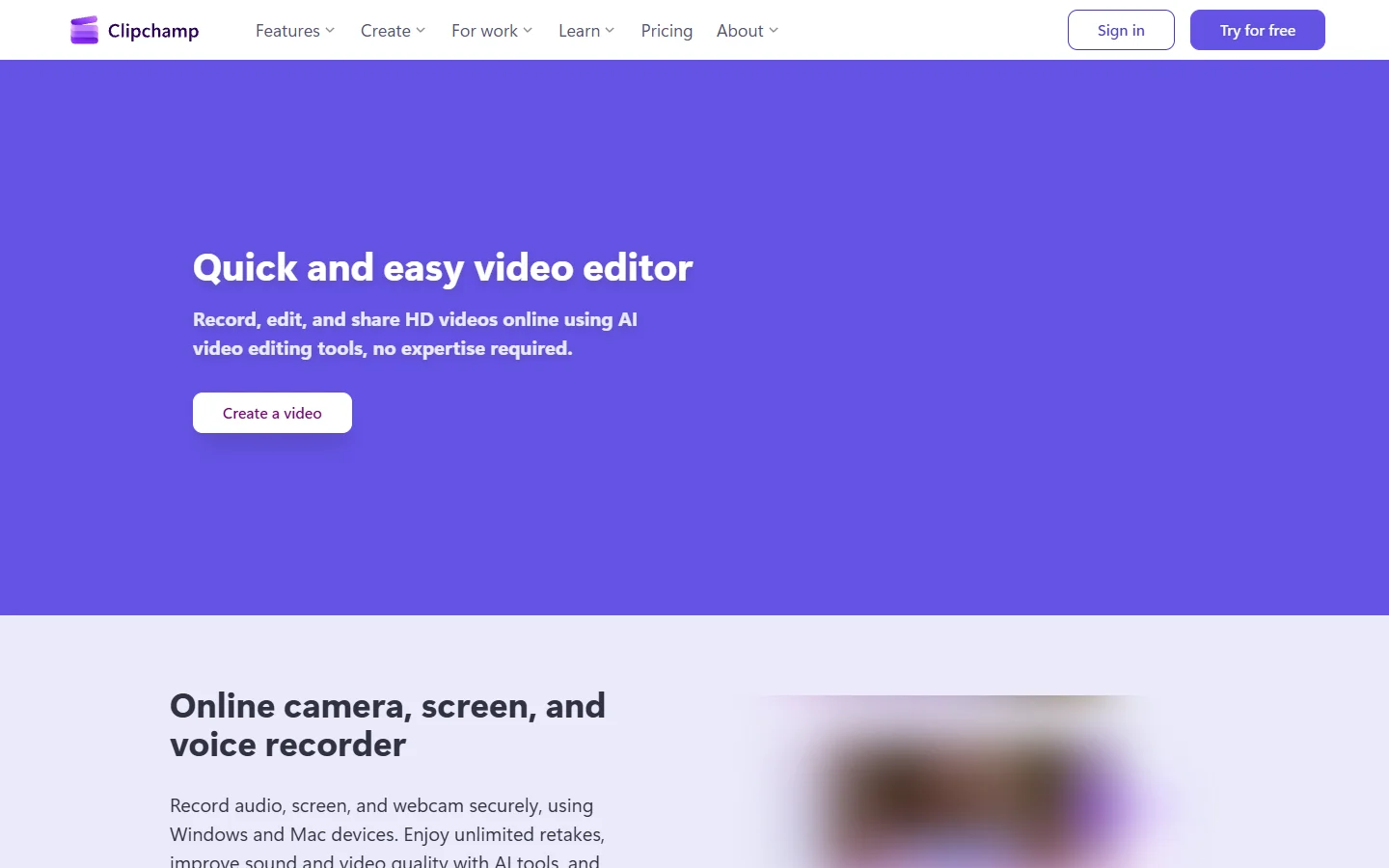 Clipchamp homepage showing Microsoft's video editing tool