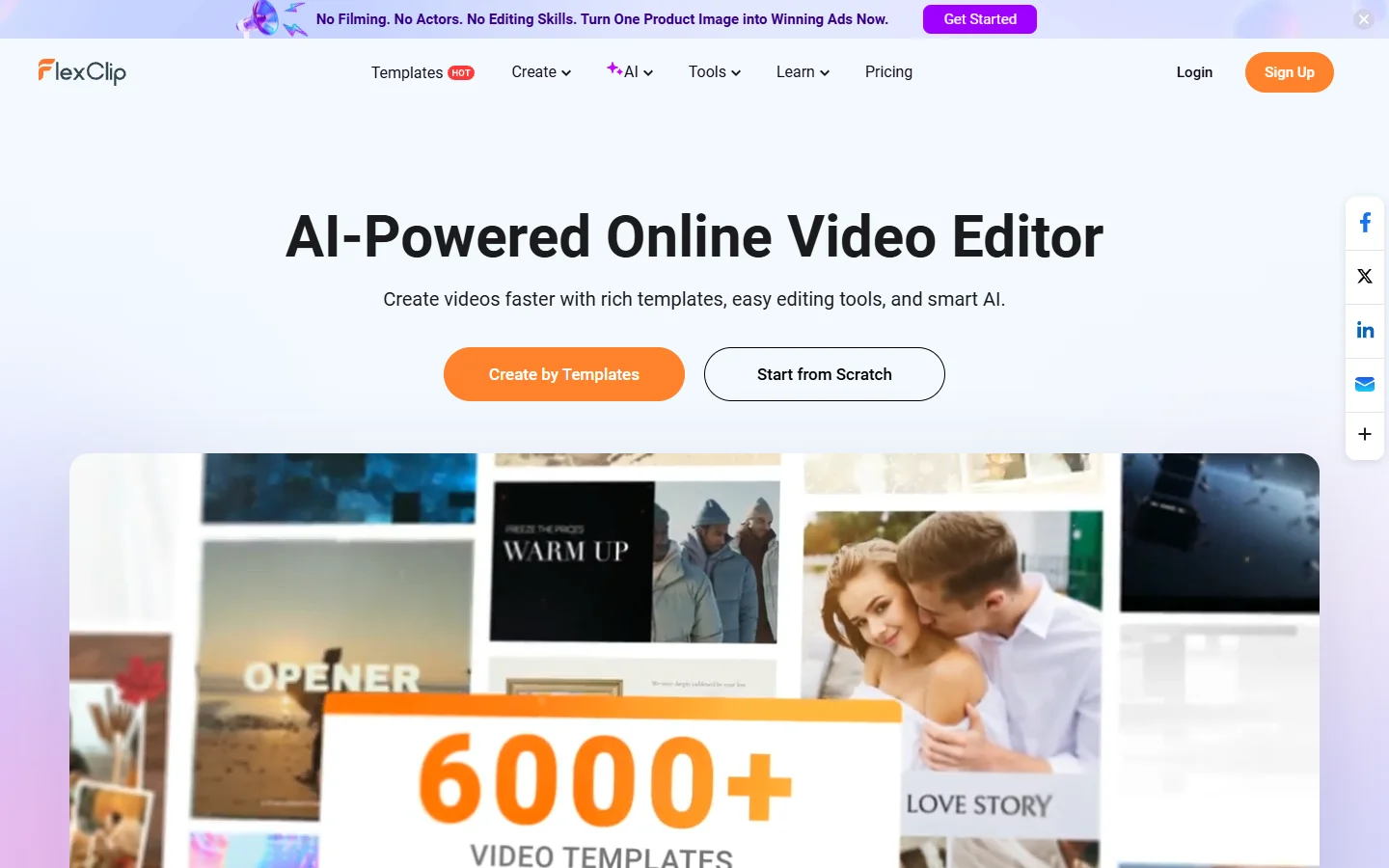 FlexClip homepage showing its template-based video maker