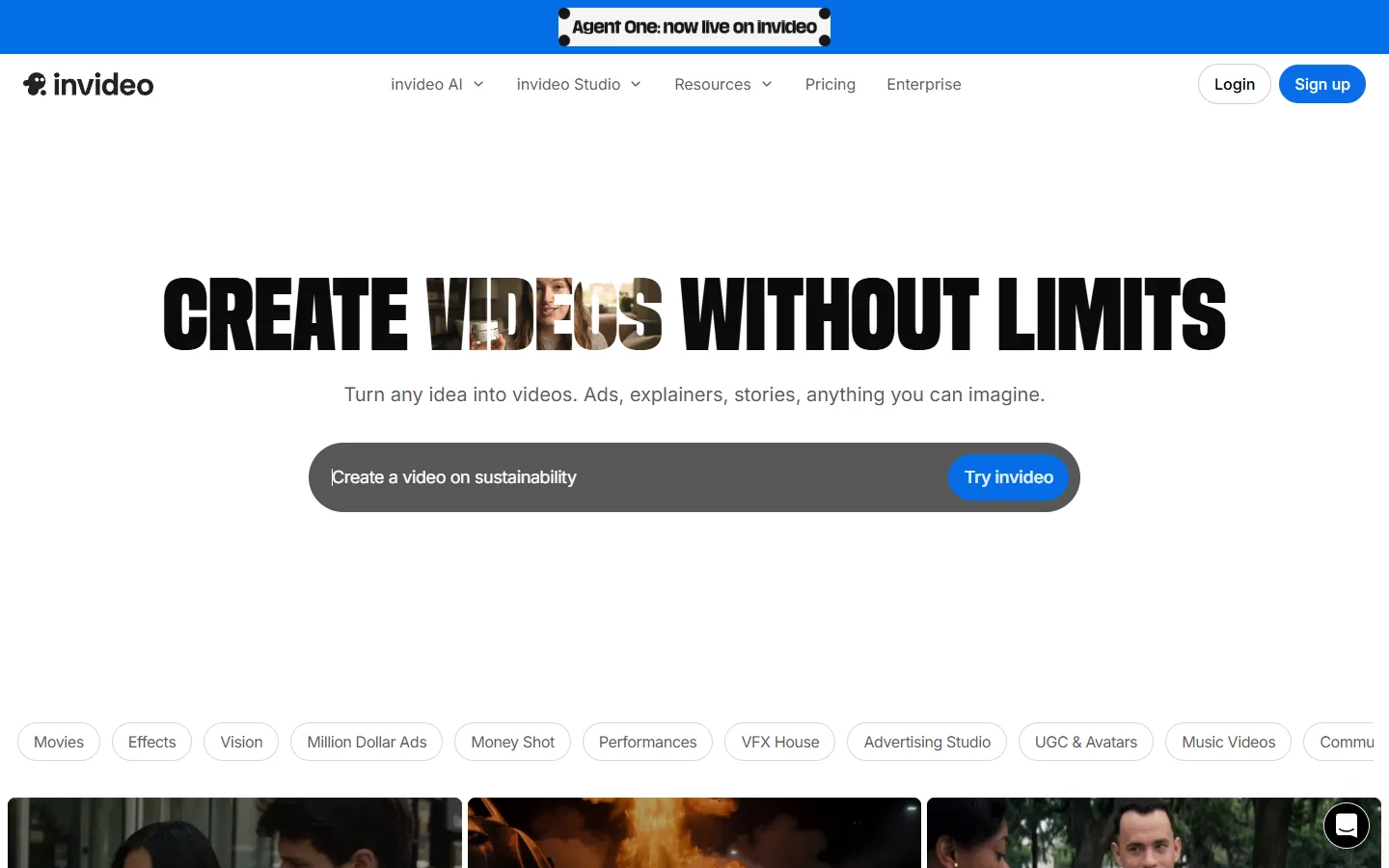 InVideo homepage showing its AI video creation platform
