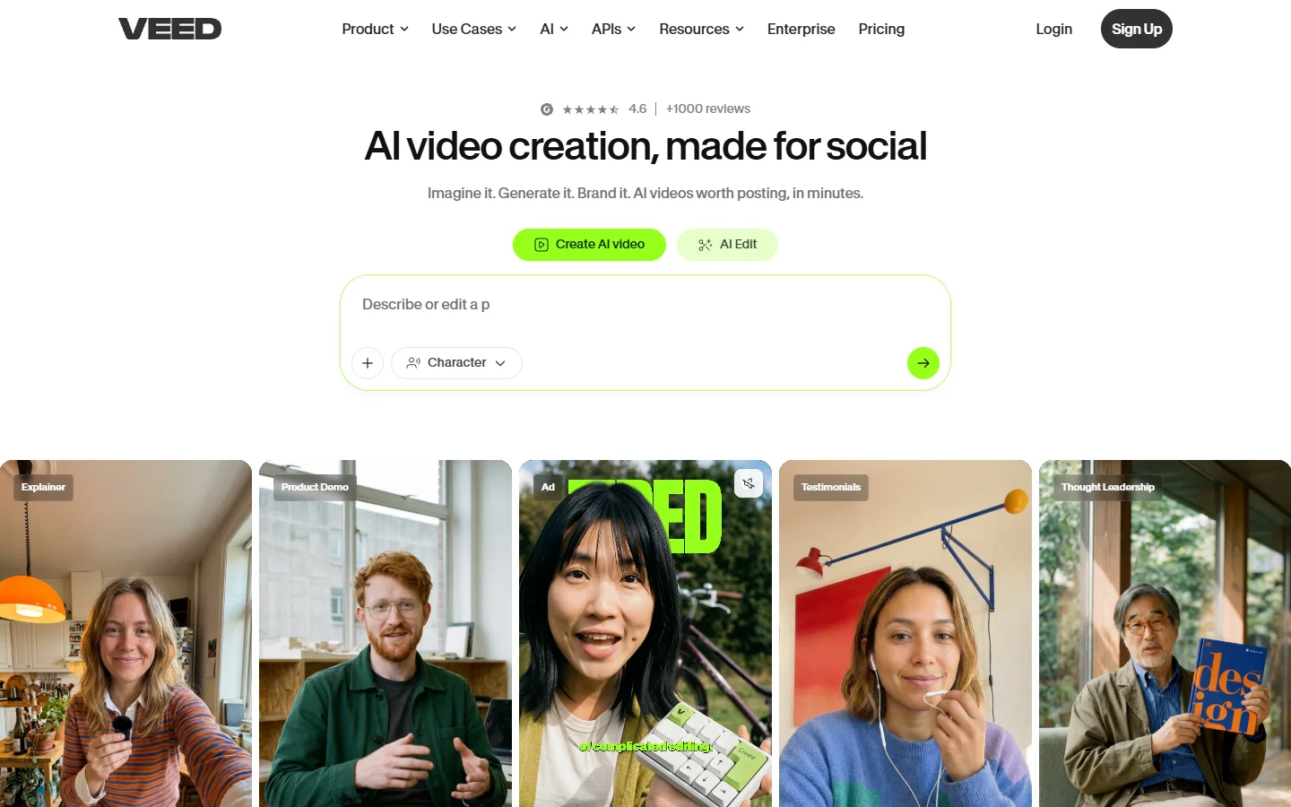 Veed.io homepage showing its online video editing platform