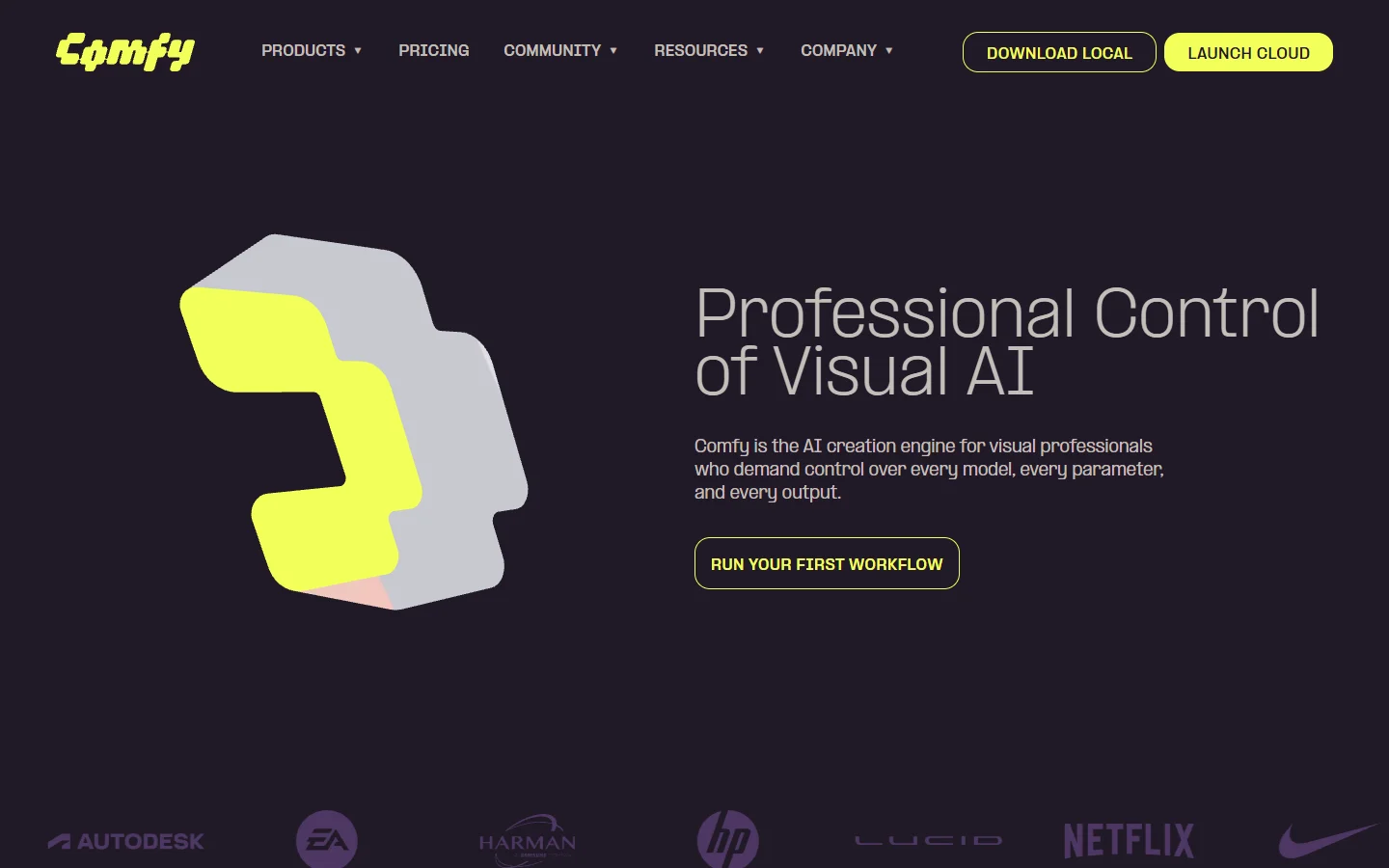 ComfyUI homepage showing the node-based workflow interface