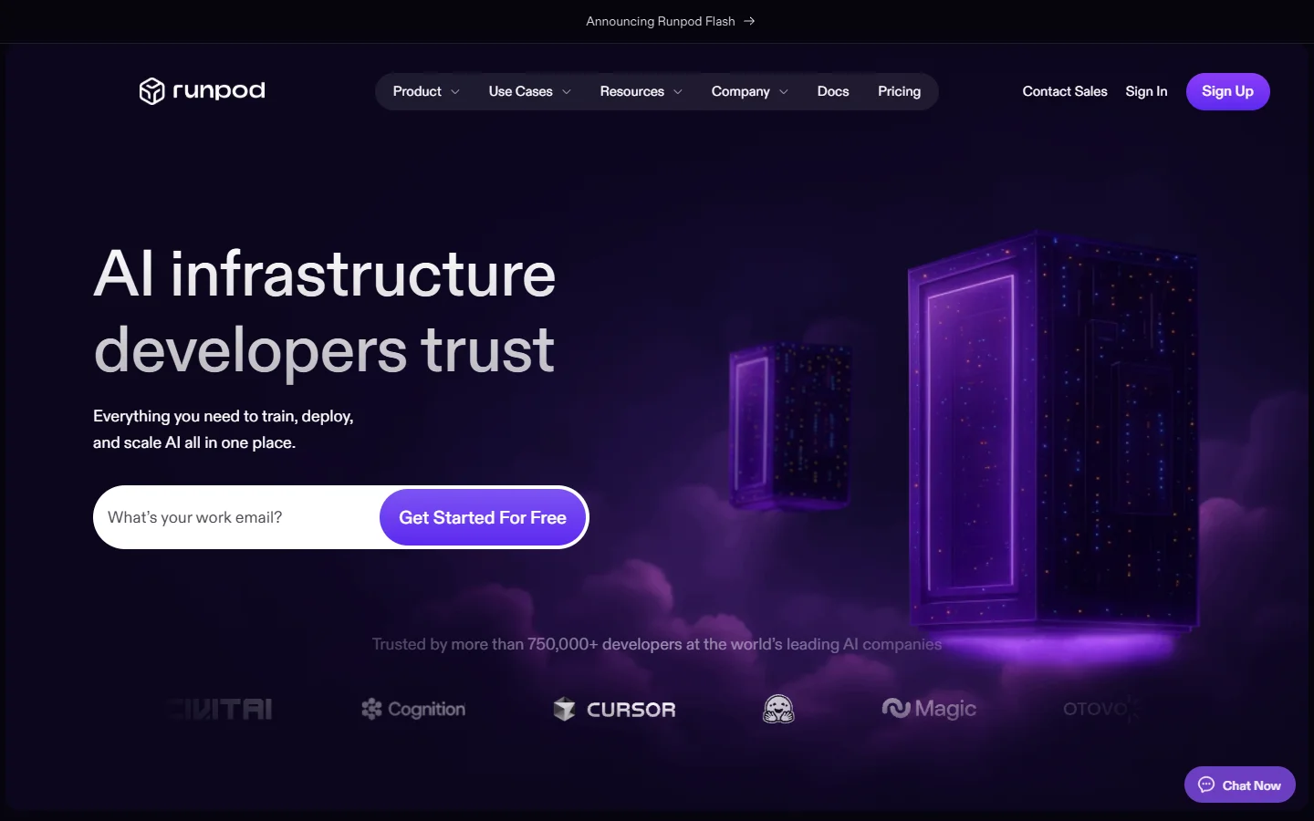 RunPod homepage showing their serverless GPU platform