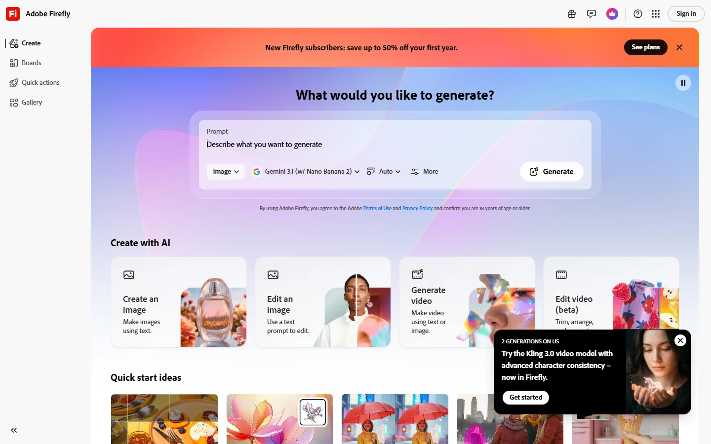 Screenshot of the Adobe Firefly homepage