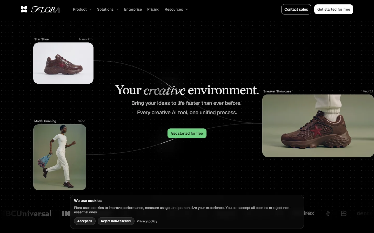 Flora homepage showing its visual node canvas for creative work