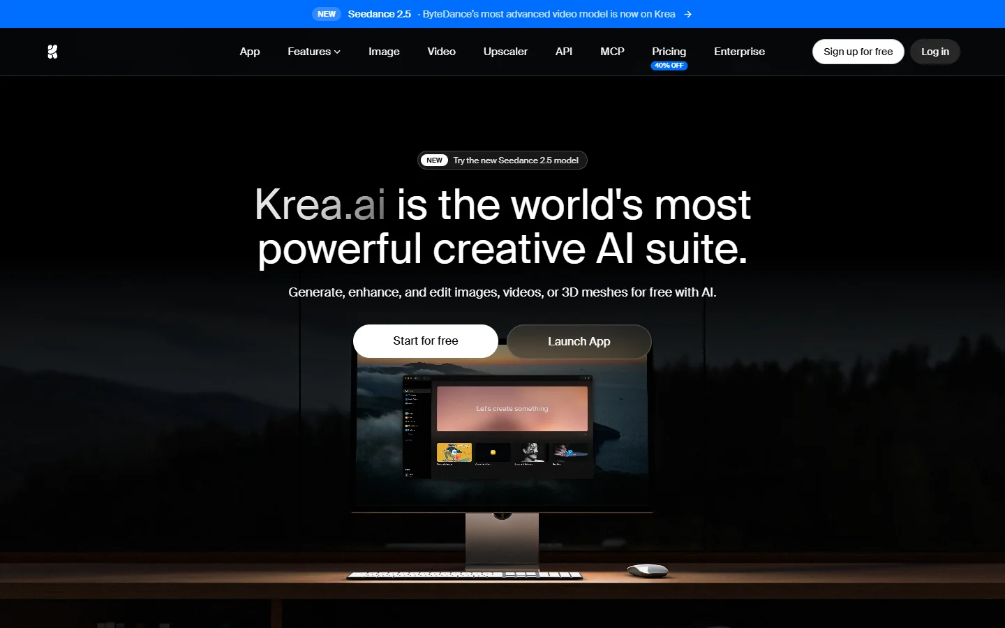 Krea homepage showing its realtime generation and workflow tools