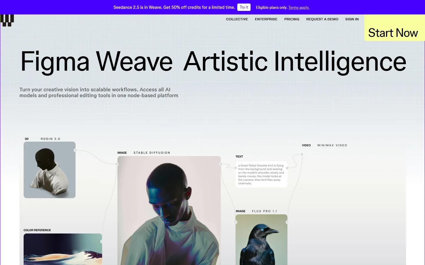 Weavy homepage showing its browser based node canvas