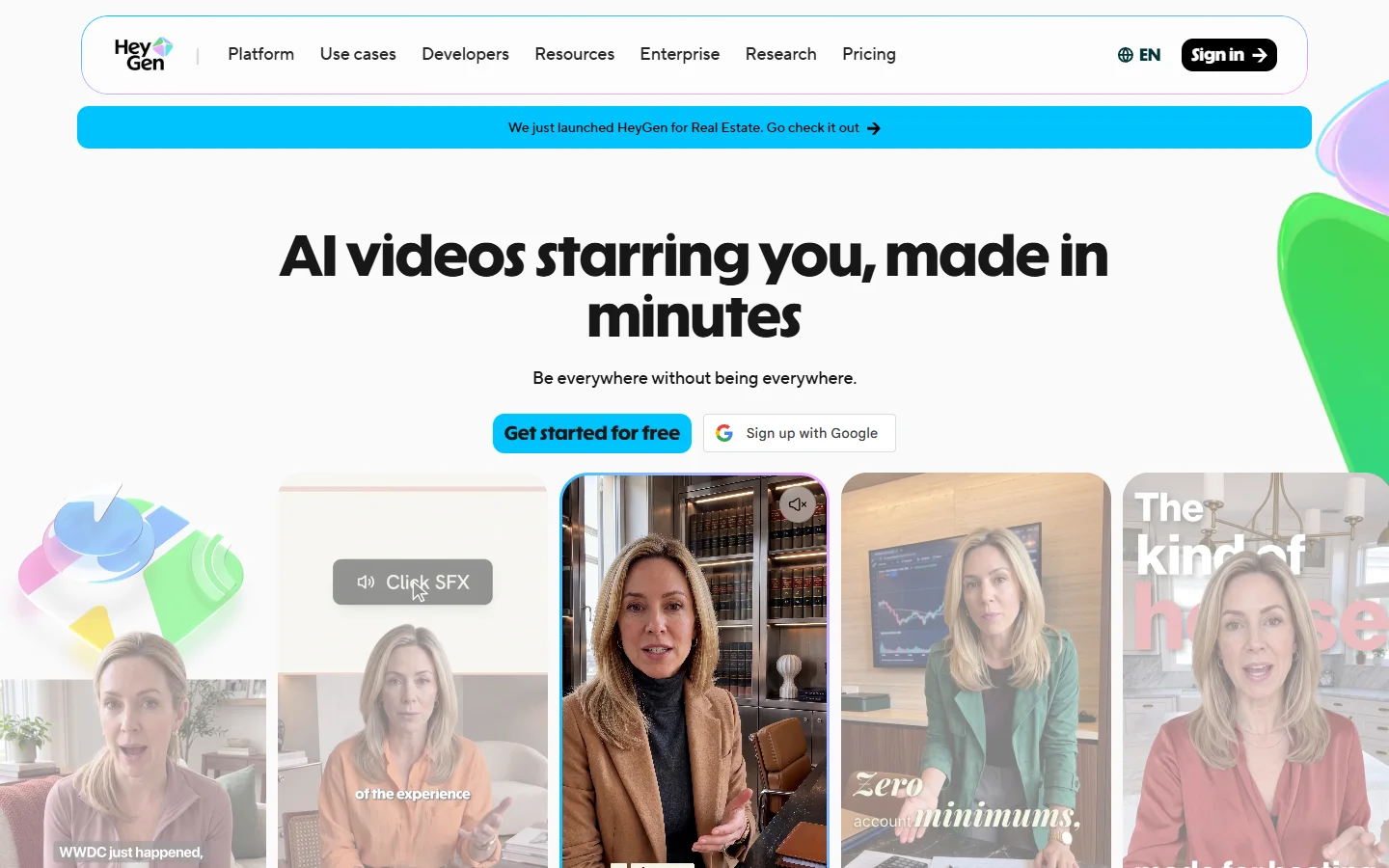 HeyGen homepage showing AI avatar presenter video generation