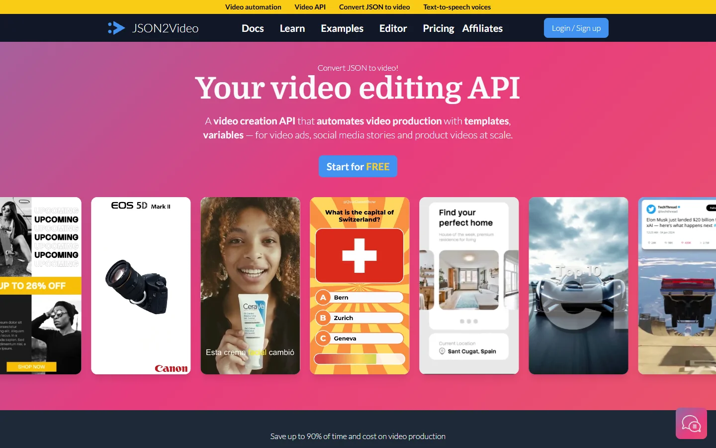 JSON2Video homepage displaying its scene based video API