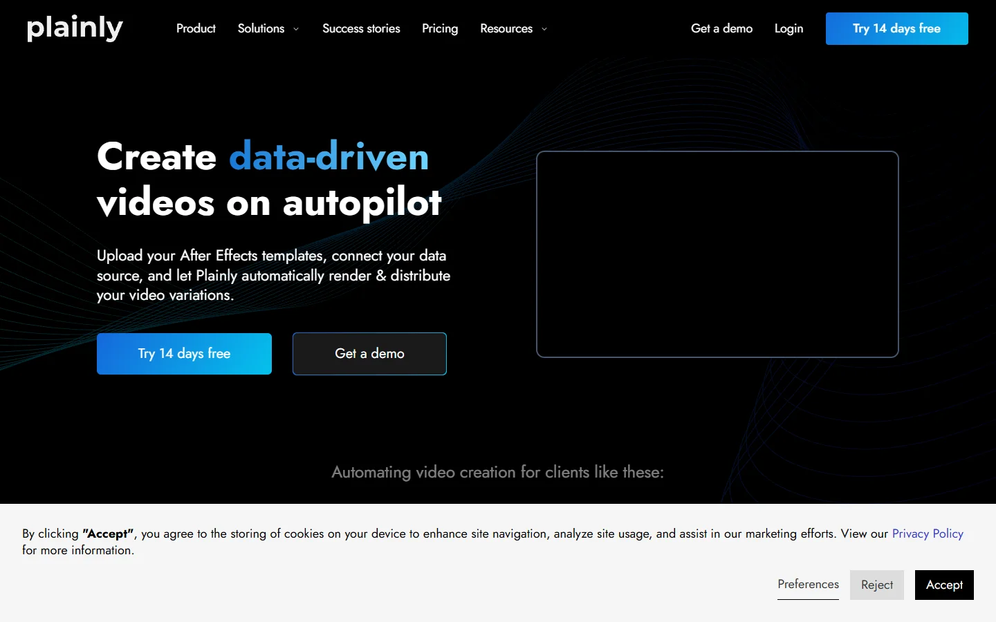 Plainly Videos homepage showing its After Effects template rendering API