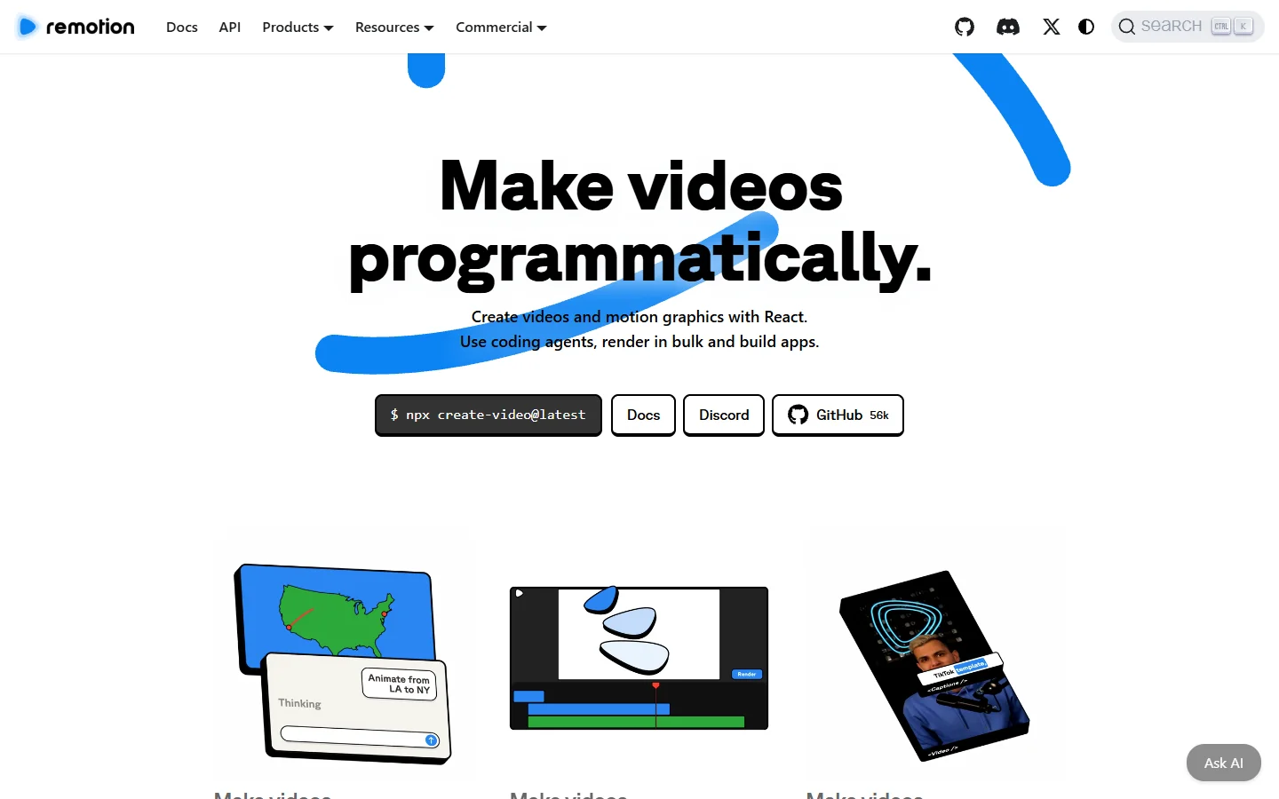 Remotion homepage showing video composed with React components