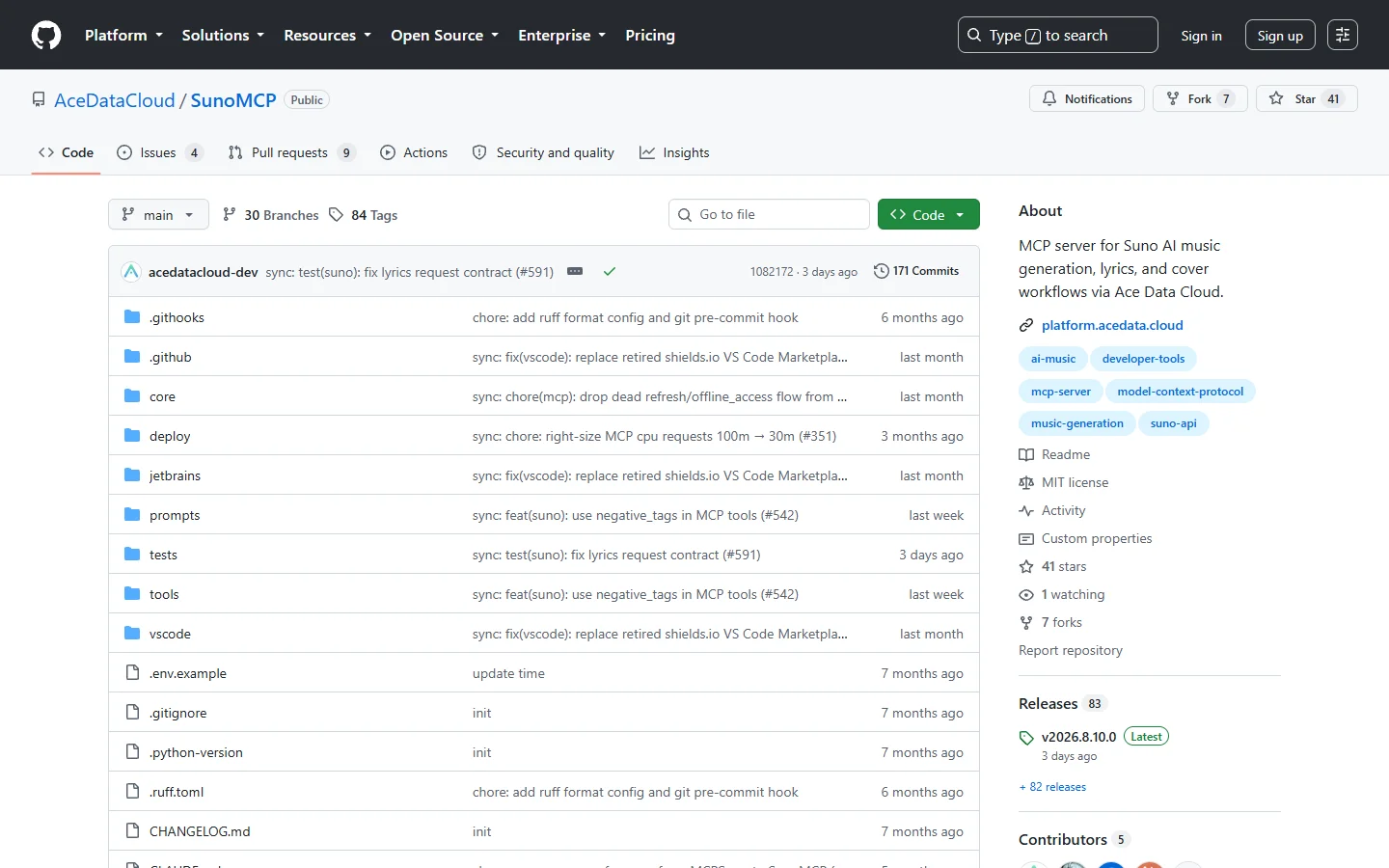 The AceDataCloud SunoMCP repository listing its music generation tools