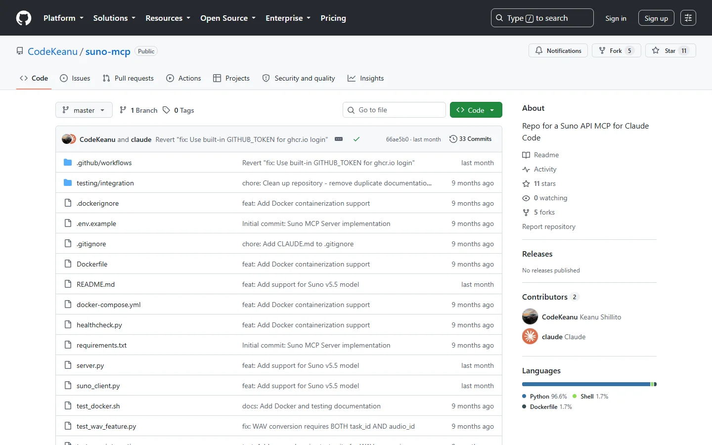 The CodeKeanu suno-mcp repository and its Docker install instructions