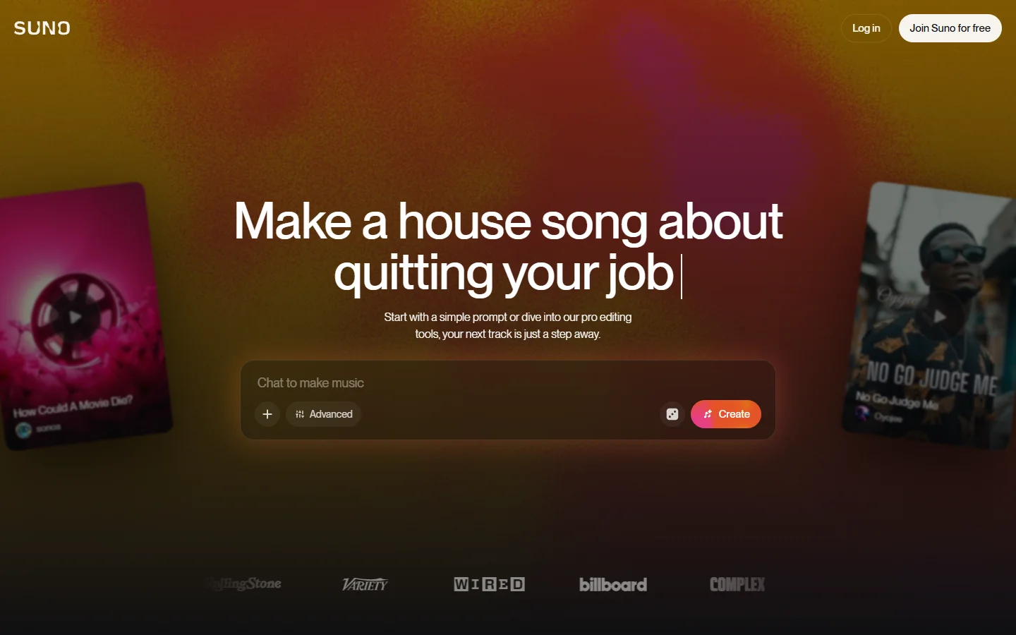 Suno's text to music interface, the model every server on this list wraps