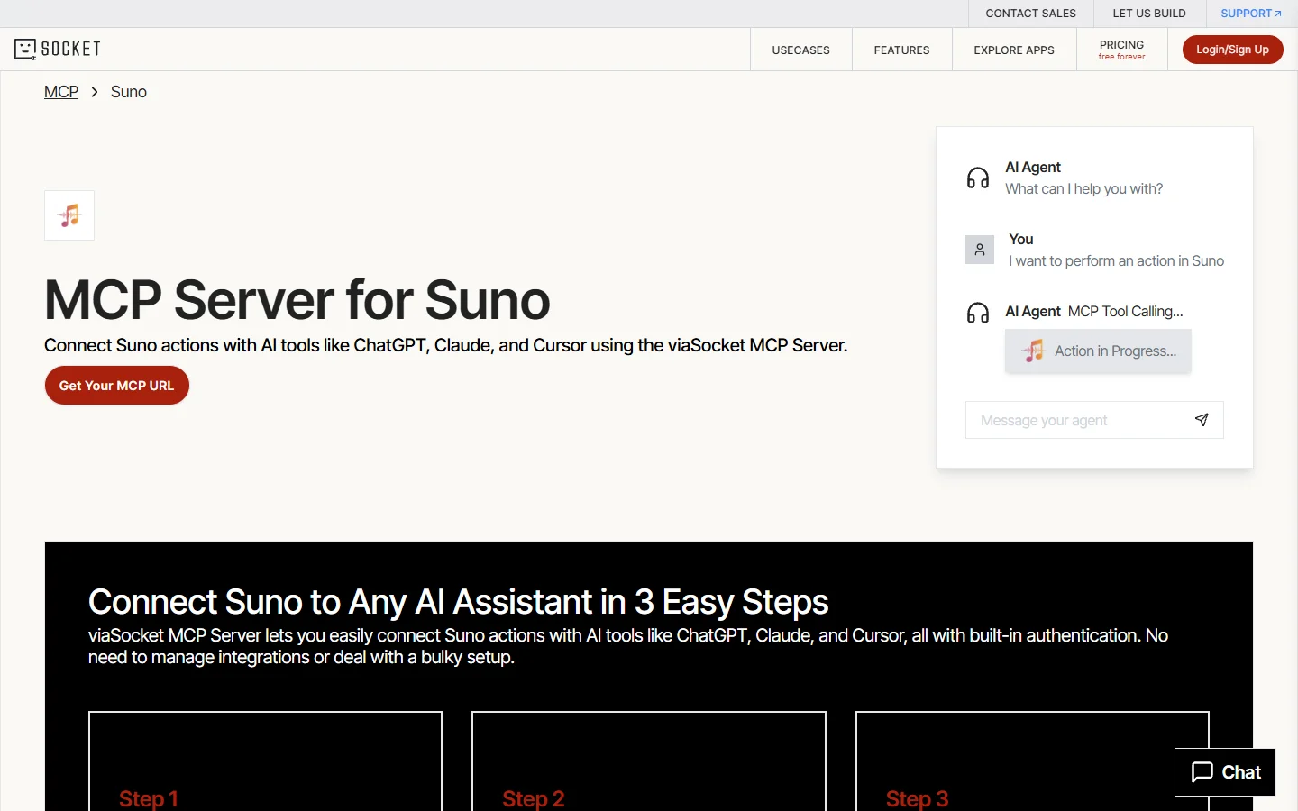 The viaSocket Suno MCP endpoint page