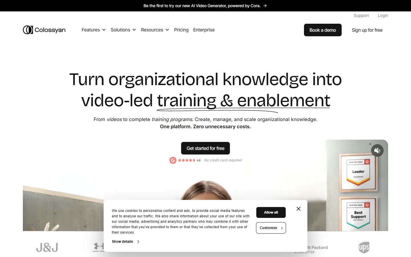 Colossyan homepage showing enterprise AI video creation