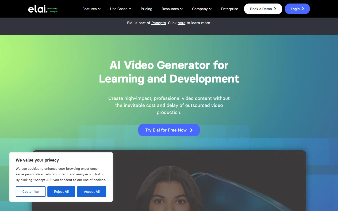 Elai homepage showing text-to-video AI platform