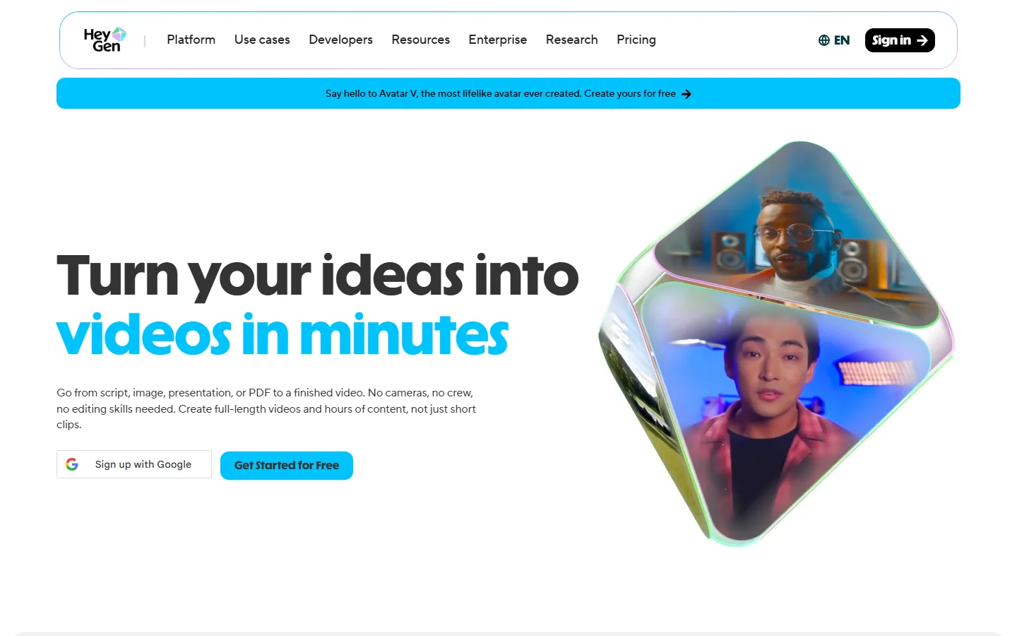 HeyGen homepage showing AI avatar video creation platform