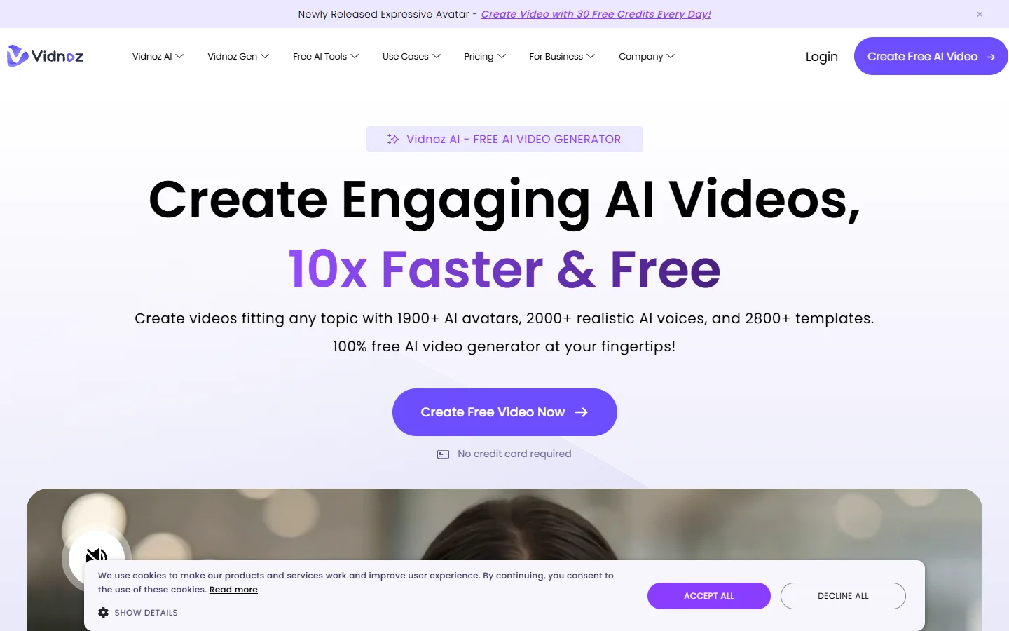 Vidnoz homepage showing free AI video generator