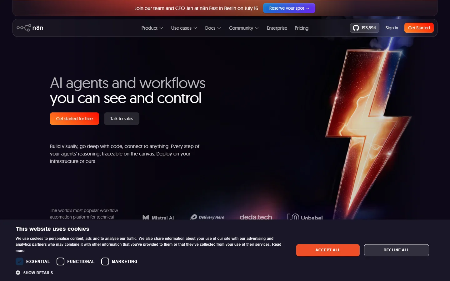 n8n homepage showing workflow automation interface